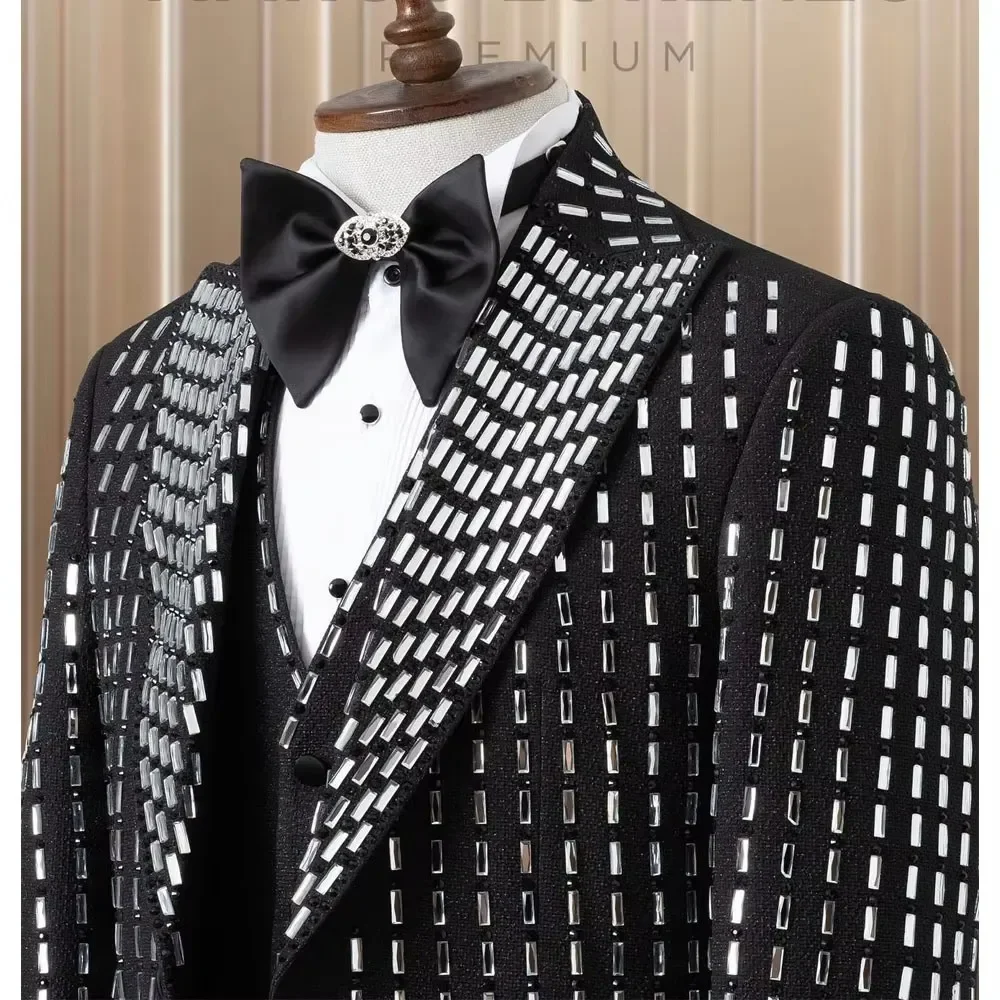 Black Suits Men For Wedding Rectangle Crystal Beaded 3 Pieces Jacket Vest Pants Groom Tuxedo Formal Business Banquet