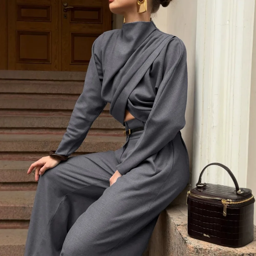 Commuting Office Blazer Wide Leg Pants Set Autumn and Winter Women Chic Loose Soft Wrinkle Irregular Cross Design Top Pants 2pcs