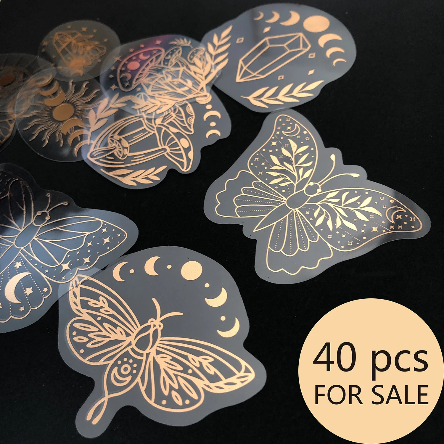 Pegatinas transparentes de oro rosa de 40 piezas, mariposa misteriosa de Mascota, Luna, seta, diamante, sol, varita mágica, Serie de decoración DIY