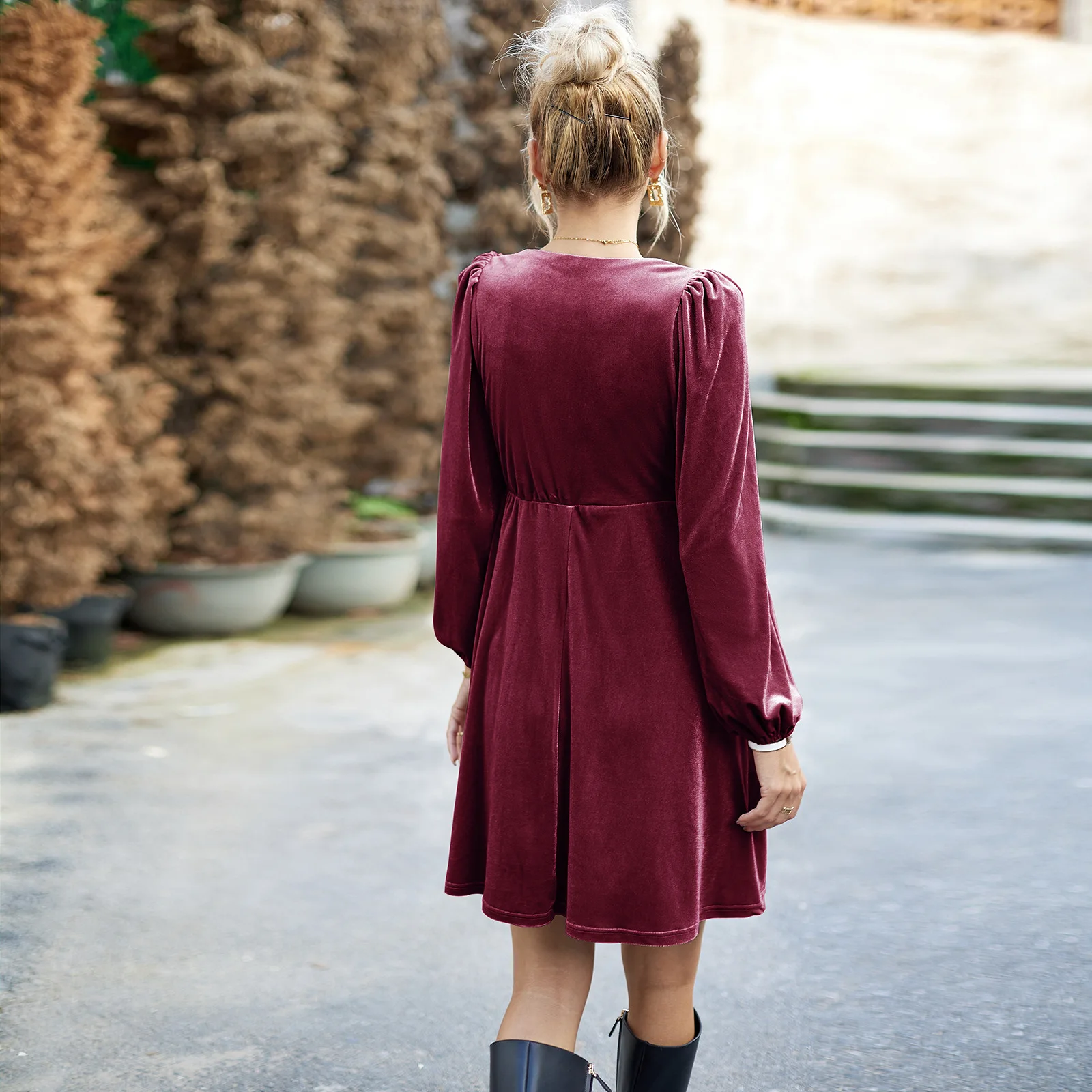 벨벳 스퀘어넥 드레스 2025 가을 겨울 여성 우아한 숏 스커트