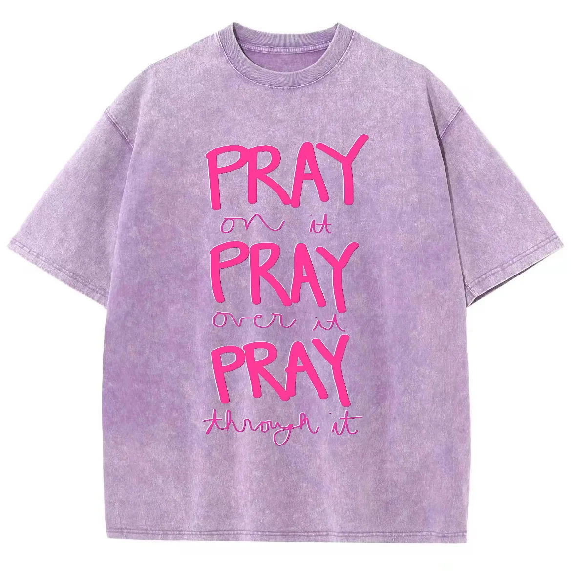 Pray On It Washed Y2K Short Sleeves T-Shirt, Cartoon Creative Printed Unisex Vintage Streetwear New Fashion Casual Plus-Size