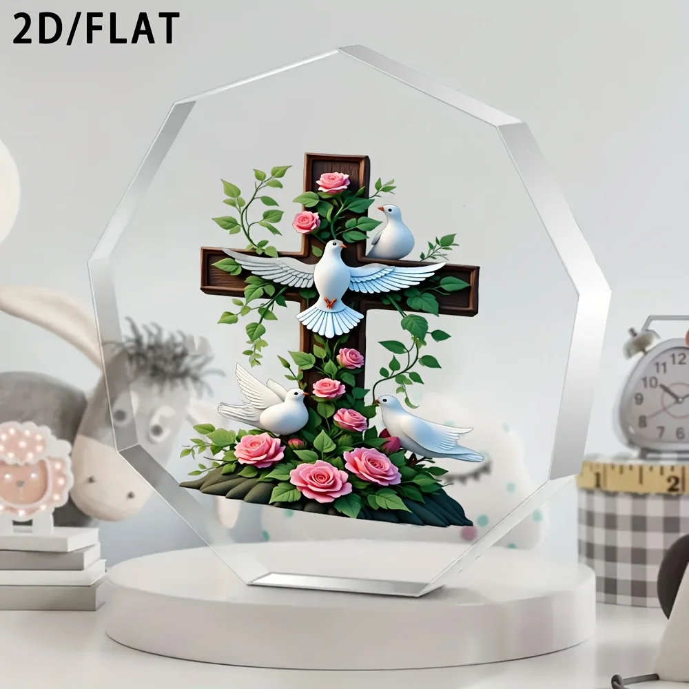 2D， Acrylic Cross Desktop Decoration - Peace Dove and Pink Rose, Suitable for Families, Father's Day, Mother's Day, Festivals