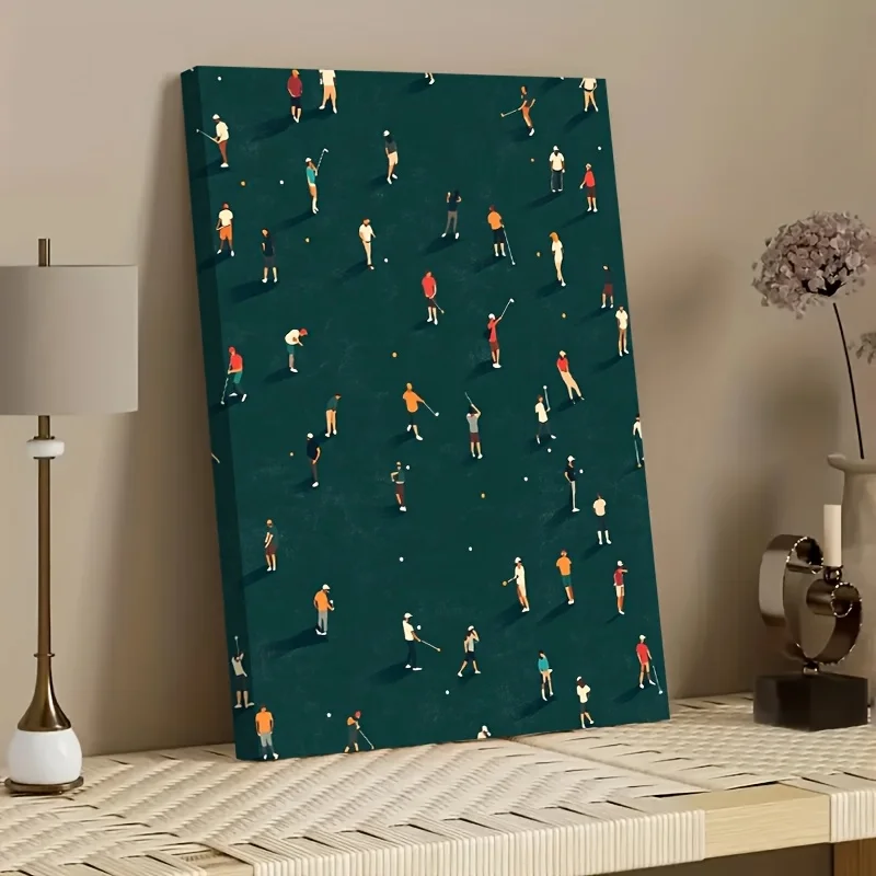 

2D Flat, 1 шт. Холст в рамке с тематикой для гольфа — готовые к подвеске игроки в гольф в действии, темно-зеленый фон — холщовая рамка с запахом, версия