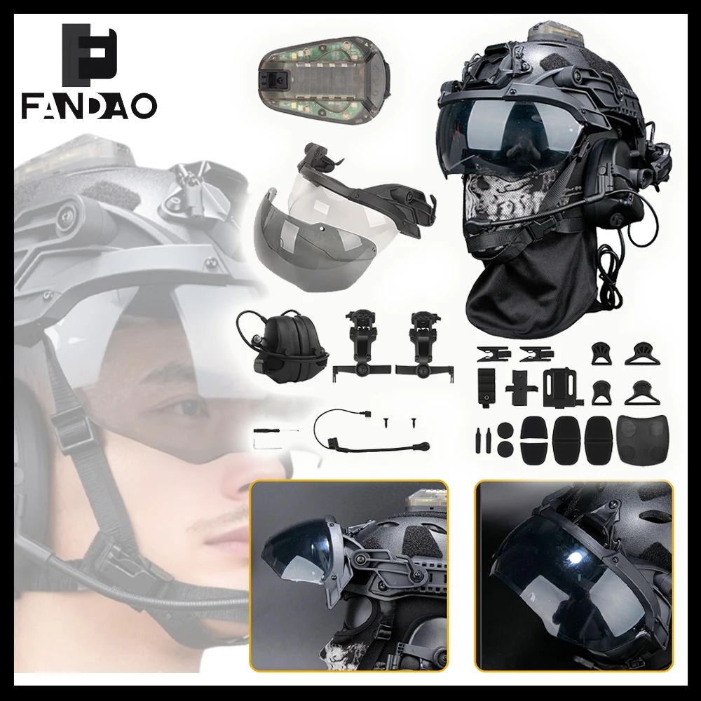 Tactical Helmet Set Modular Adjustable FAST Gear with Headset Visor Goggles Signal Light Balaclava for Airsoft Paintball Cosplay