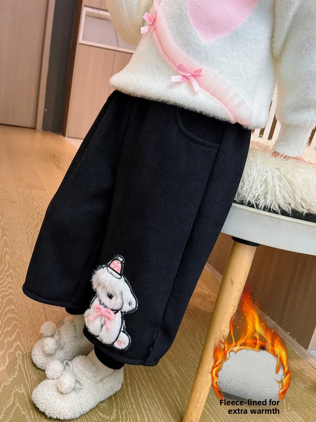 Calças largas forradas com fece para meninas, roupas de inverno, agasalhos de veludo de desenho animado, calças quentes e sli