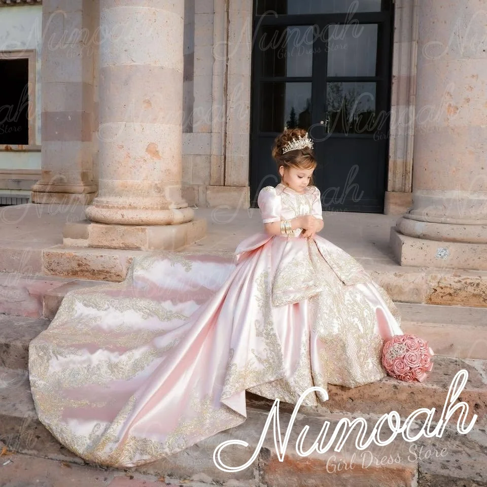 Rosa Blumenmädchenkleid für Hochzeit, Satin, Spitze, Applikationen, Mädchen-Geburtstagsparty, Schleife, bodenlang, Erstkommunionkleid, individuell gestaltet