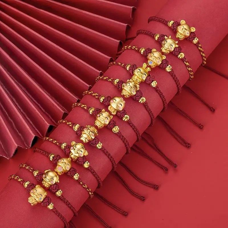 

Imitation Pure 999 Gold Red Rope Twelve Zodiac Bracelet Ins Niche Design Animal Year Hand Rope Hand Woven Red Rope HandString