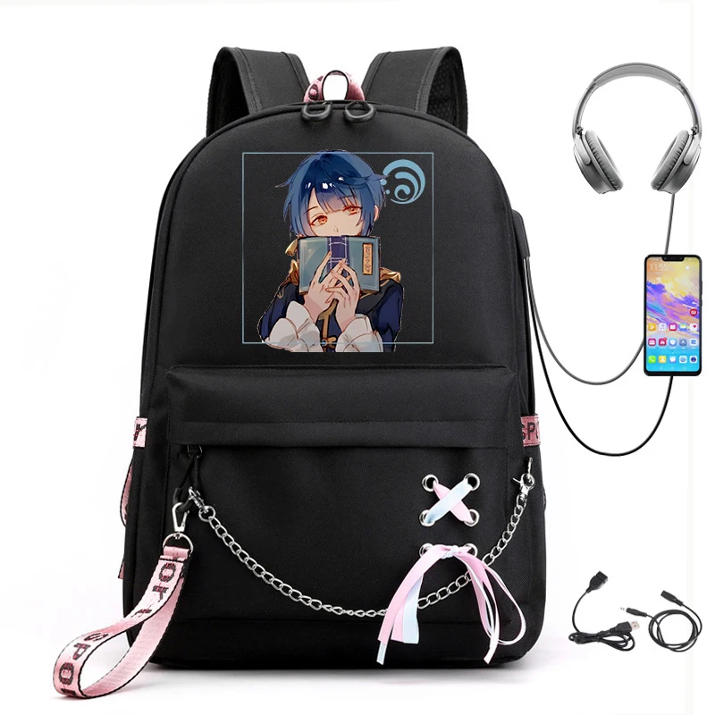 Black Girl School Bags for Teenage Backpack Women College Wind SchoolBag Genshin Impact Hu Tao Anime Female High Student Bookbag