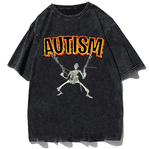 Camiseta con estampado de esqueleto de Autismo para hombre, camisa divertida de Humor, de moda, informal, de algodón, de gran tamaño, Vintage, lavada