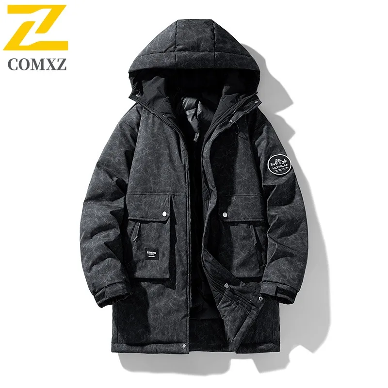COMXZ الشتاء الرجال منتصف طول كبير الحجم أسفل سترة جديدة المعايير الوطنية 85% الأبيض بطة أسفل مقنعين تسلق بدلة رياضية في الهواء الطلق