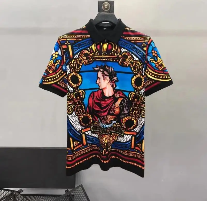 European and American men's 2024 summer new Lapel short sleeves fashion Vintage figure print T-shirt