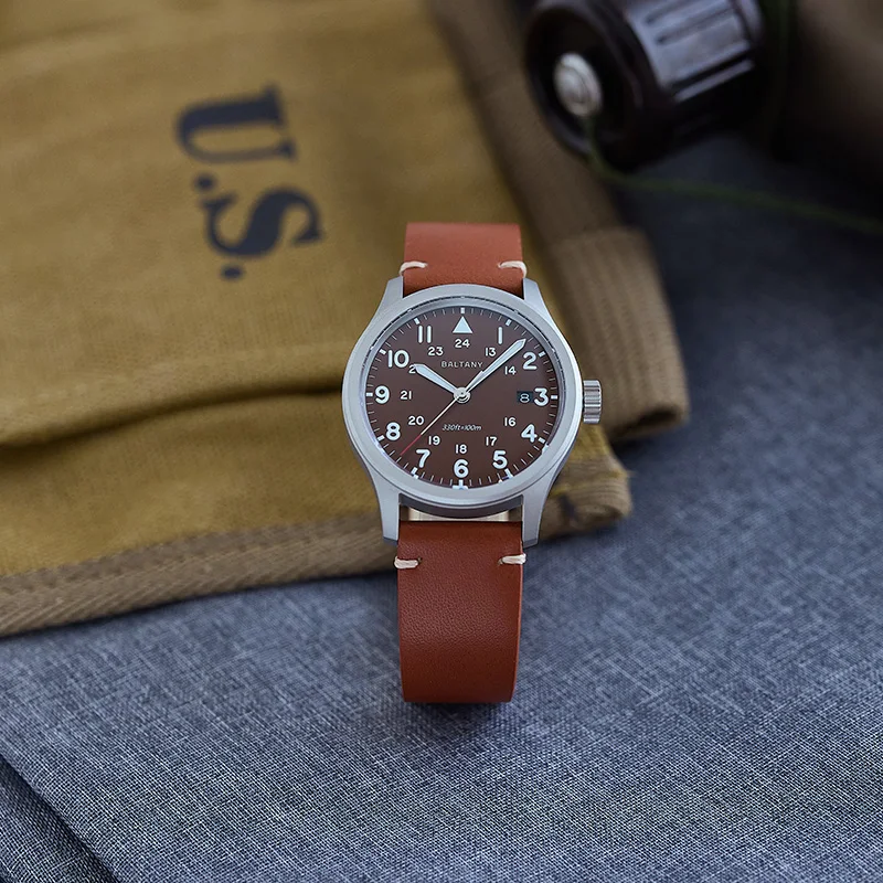 Baltany 39mm Quartz Field Watch S2082 Date 10 Year Battery 100M Waterproof Retro Leather Work Office Dress men watch Sapphire