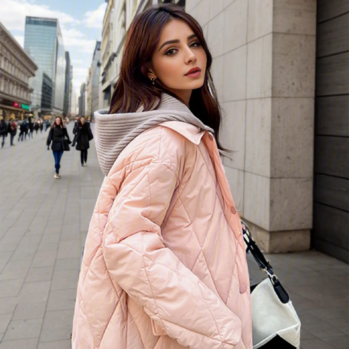 2024 Winter Women\'s Long Cotton Jacket Female Knitted Hooded Pure Color 2 Pocket Parkas Coats Women\'s Diamond Grid Jackets