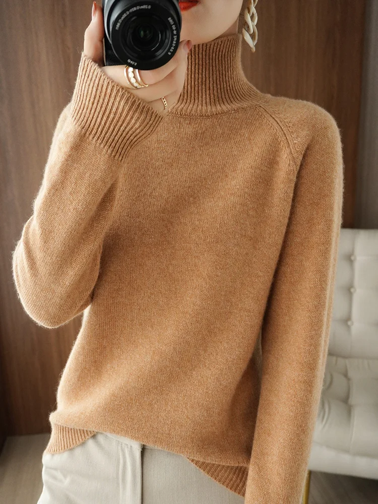 Jesienno-zimowy sweter z golfem z wełny merino, podstawowy, casualowy sweter z kaszmirem, wygodny damski sweter z rękawami raglanowymi, odzież, topy — zdjęcie 2