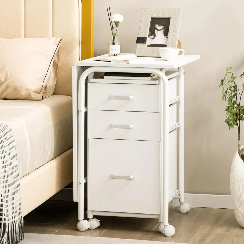 مكتب أبيض قابل للطي مع 3 أدراج، مكتب مكتب منزلي متنقل، مكتب كتابة للدراسة بعجلات ناعمة، مدمج موفر للمساحة #3