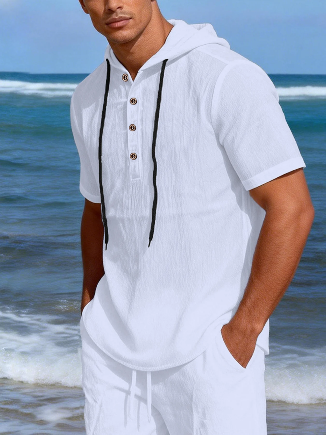 Men's solid color hooded shirt top, casual and fashionable shirt, short sleeved top