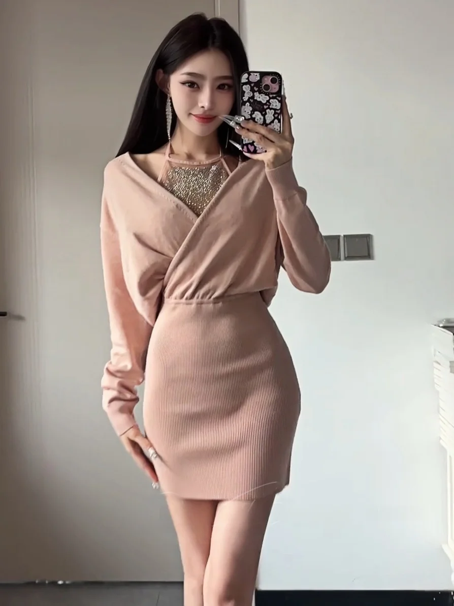 

Seoul Lovers Pure Desire Sexy Sequin Neck Hanging Strap Women's Design Knitted Wrap around Dress Two Piece Set Long Sleeve Wi...