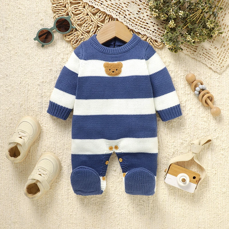 Nette Baby Strampler Overalls Kleidung Blau Weiß Streifen Gestrickte Neugeborene Jungen Mädchen Outfits Ein Stück Infant Kleinkind Overalls Tragen