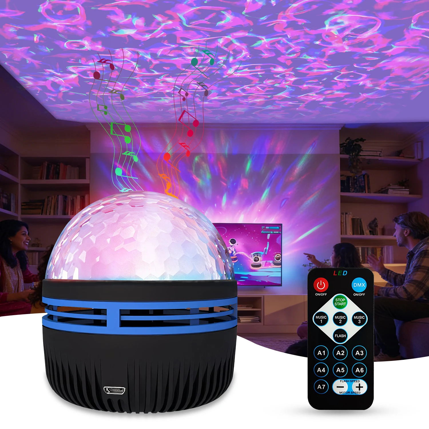 RGB Color Changing Water Wave Projection Lamp USB Powered 5V Remote Control Auto Flowing Sound Sensor Night Light For Festival Room Decoration