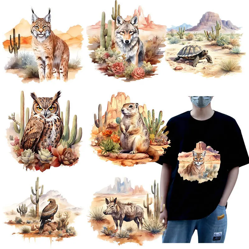 Desert Landscape Animals Patches On Clothes Wolf Goat Sticker Clothes Decoration Diy Accessory Print On T-Shirt Iron On Patch