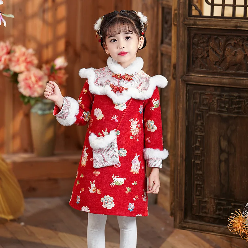 

Winter Qipao For Girls Flower Girl Dress Teenager Chinese Style Cheongsam Traditional Ethnic Costumes Chinese New Year Clothing