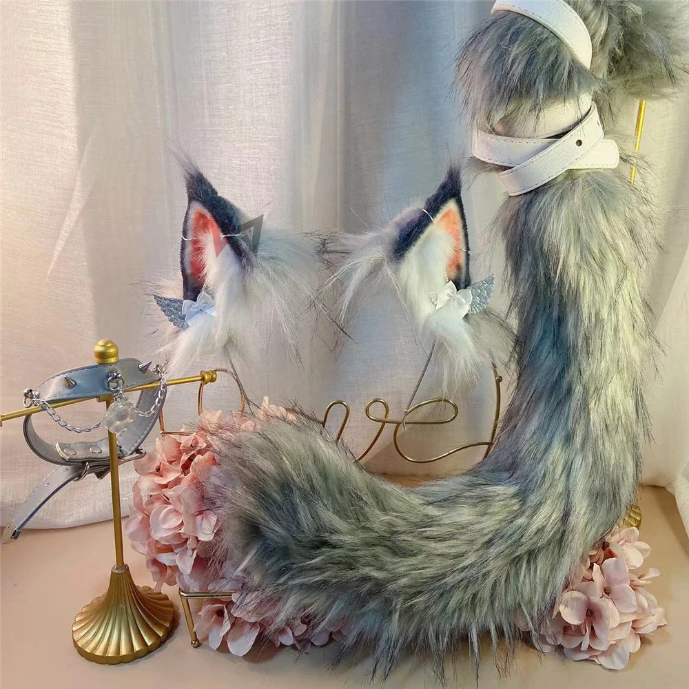 Maine Kitten Coon Gray Cat Ears Hairhoop Tail Necklace Earrings Cosplay Carnaval Gothic Lolita Acessories Hair Hoop Headwear