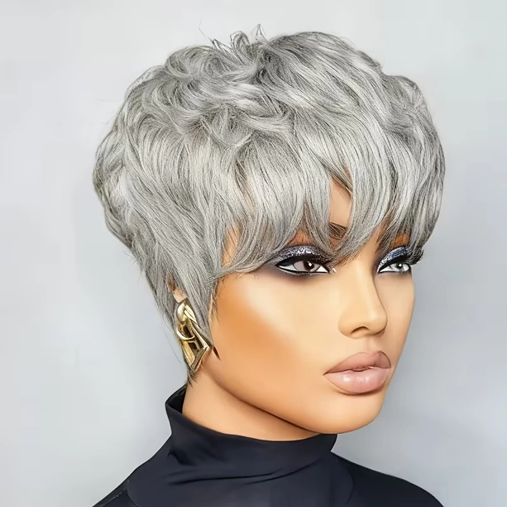 

Sliver Gray Pixie Cut Wig Short Straight Human Hair Wigs Layered Bazilian Remy Hair with Bangs for Women Full Machine Made Cap