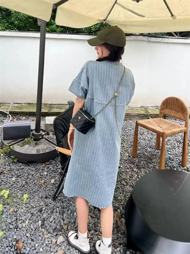 Robe en jean rayée décontractée, nouvelle robe chemise d'été 2025