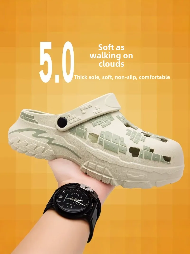 2026 New Men's Clog Shoes Summer Outdoor Thick Bottom Big Head Slippers Office Slip-Resistant Cover Toe Sandals EVA Material