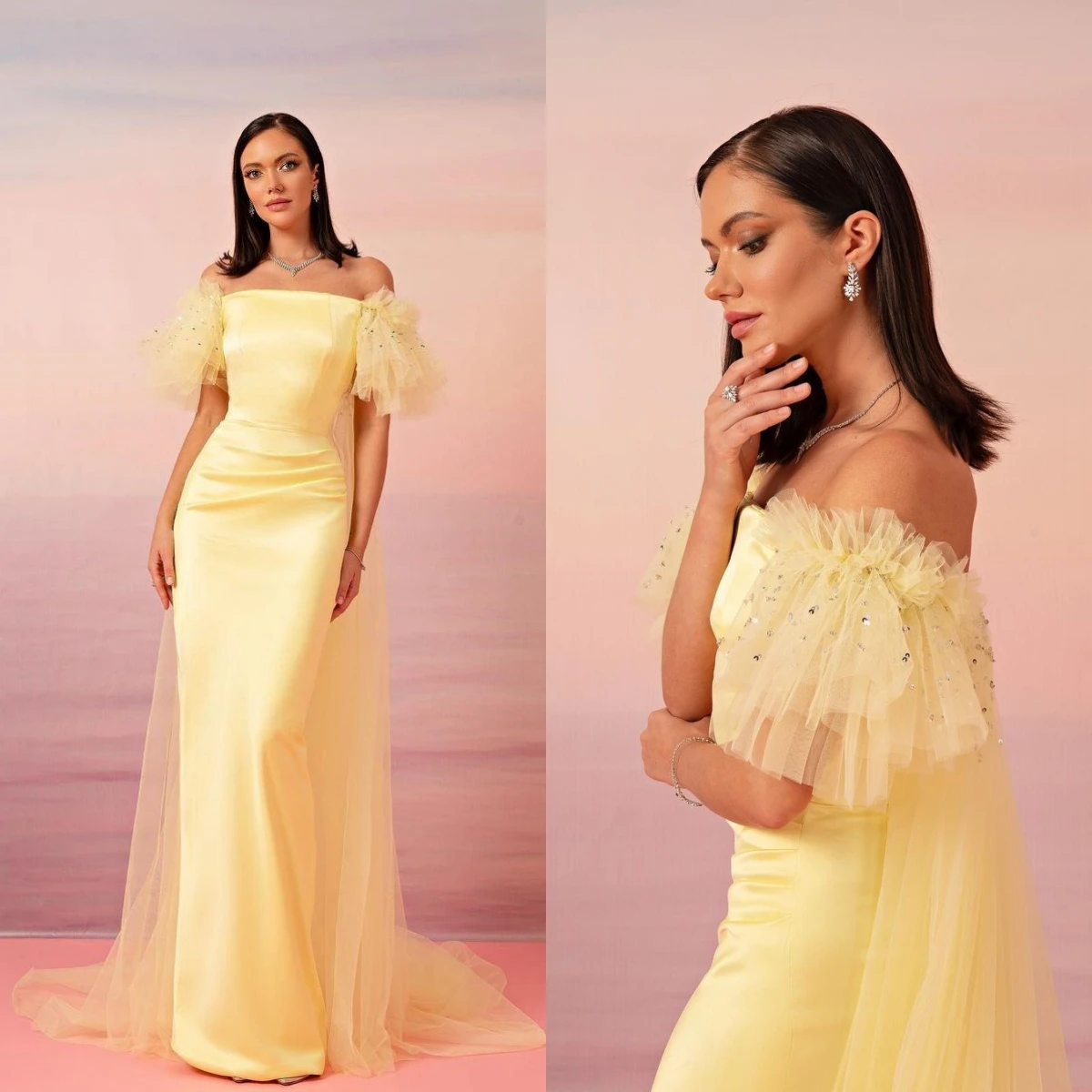 

Cream Yellow Off Shoulder Evening Dresses Sequins Beads Tulle Cape Backless Simple Prom Dresses 2024 New Design Formal Dress