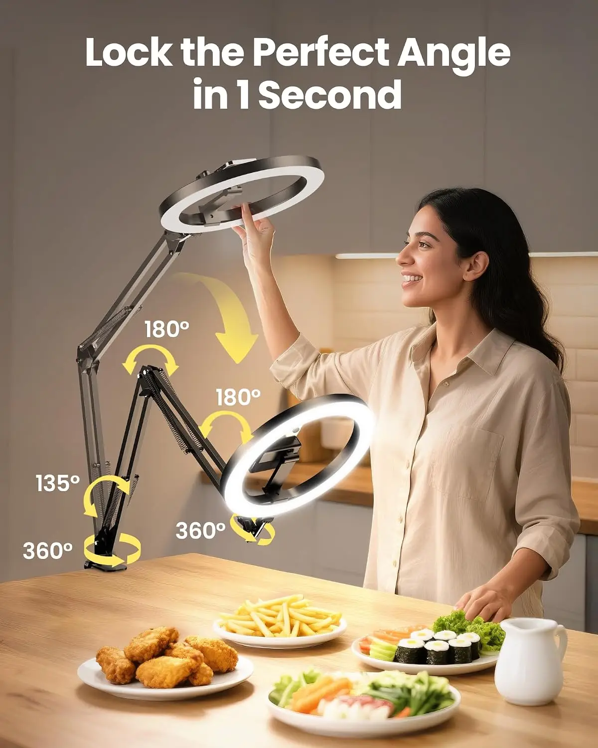 LED Long Arm Clamp Desk Lamp with Phone Stand, Ideal for Video Recording, Live Streaming, Tiktok, Youtube, Cooking, Makeup