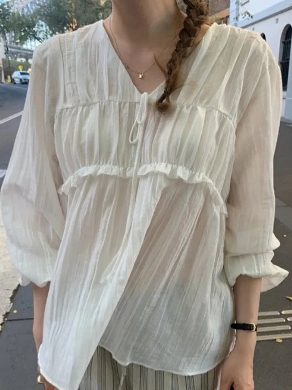 

Korean Sle Sweet Soft V-Ne irt Women's Design Summer New ort irt Korean Sle Loose Fit Long Sve Pure Color