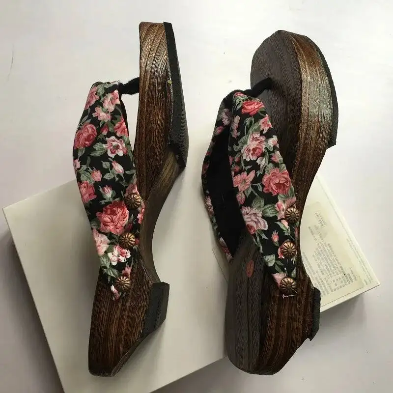 

Women's Japanese Style Wooden Geta Sandals Red Floral Satin Thong Flip Flops Cosplay Clog Slippers