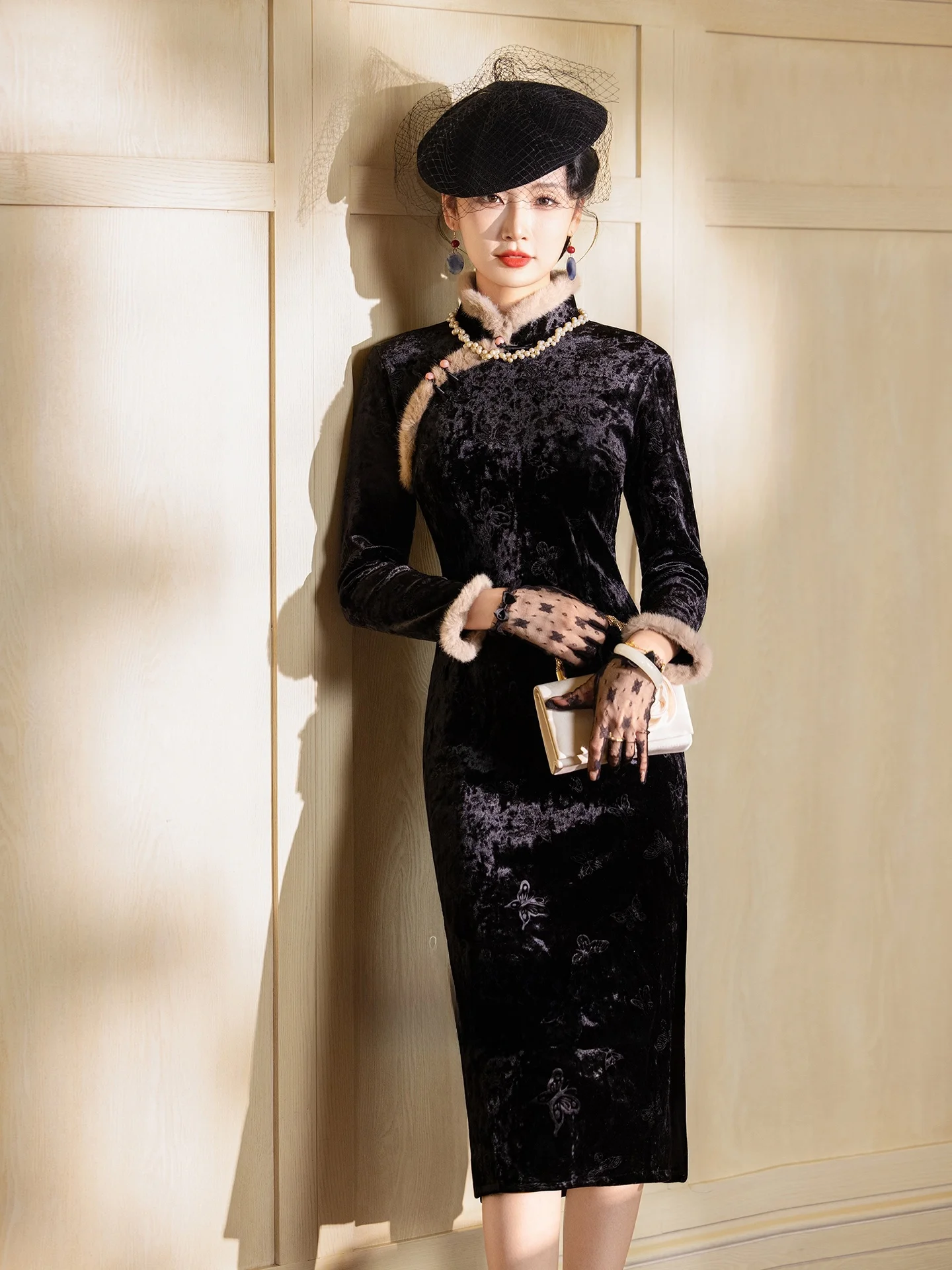 

Ele Bla Velvet Long Sve Qipao by Si Miss for Annual Conference Retro Chinese Sle ort Size Daily Wear