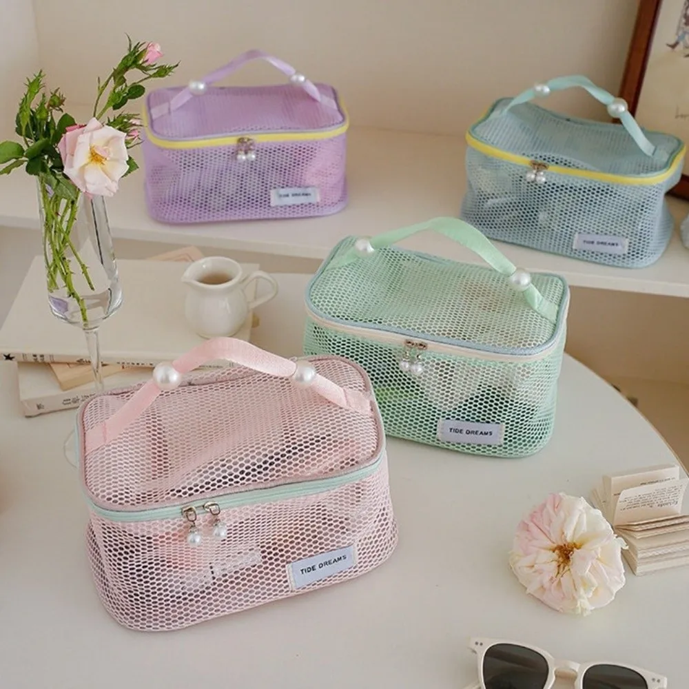 See Through Mesh Cosmetic Bag Portable With Pearl Zipper Makeup Organizer Pouch Hanging Rope Large Capacity Toiletry Organizer