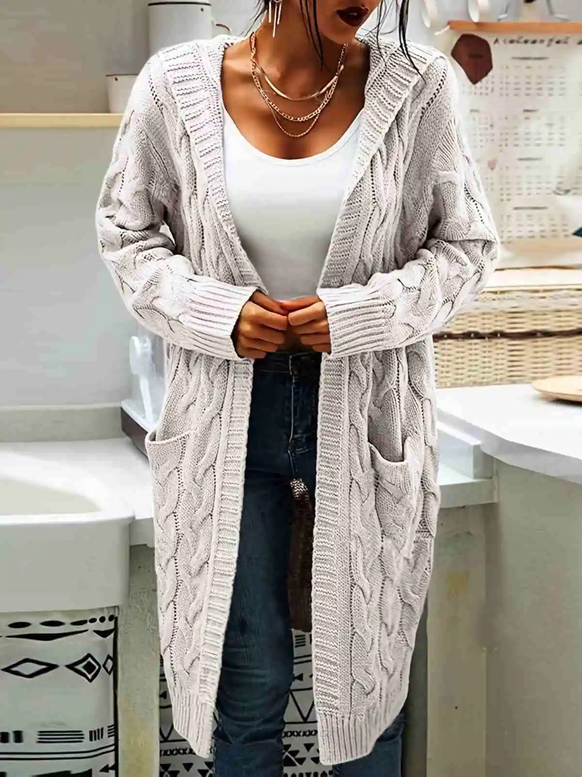 Hooded Open Front Cardigan Women Solid Color Pockets Knitted Long Sweaters Casual Loose Fit Long Sleeve Outerwears Streetwear