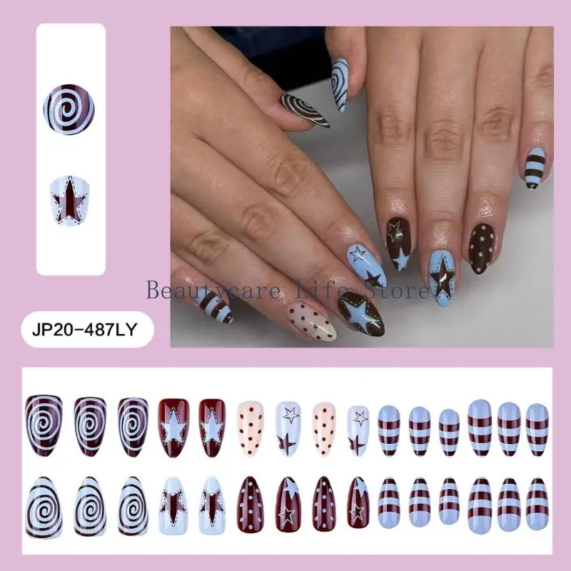 652C Sophisticated Press On Artificial Featuring Geometric Dot Star Art In Delicate Blue Brown Color Palette