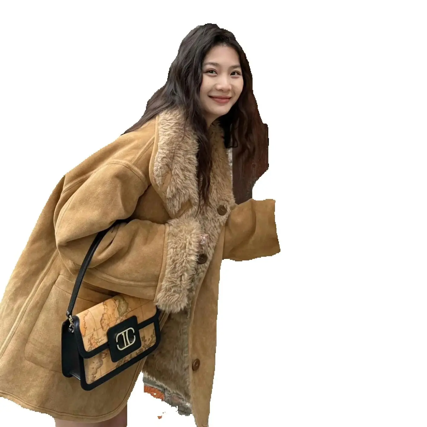 

Экологичная меховая двусторонняя универсальная мотоциклетная куртка из овечьей кожи, свободная и толстая замшевая шуба для женщин осенью и зимой