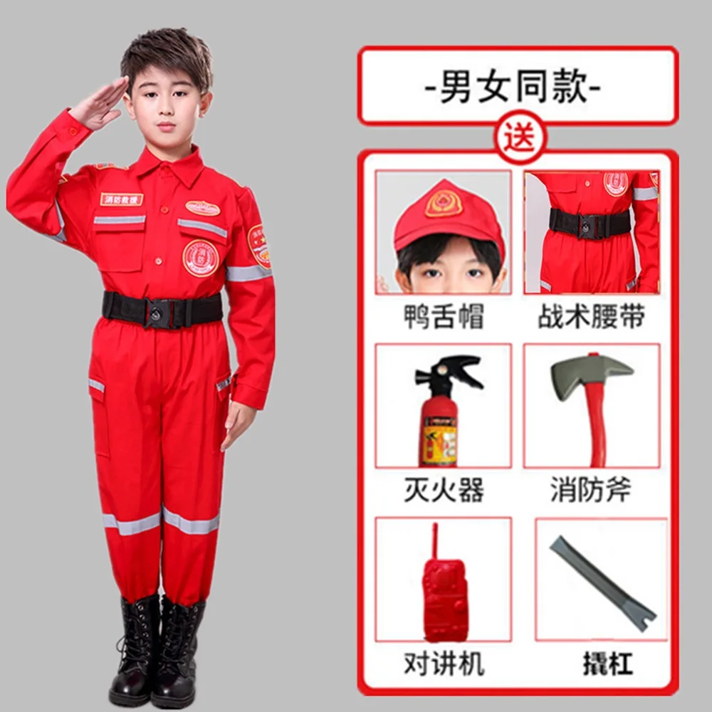 Boys Girls  Fireman Cosplay Costume Red Cloth Halloween Kid with accessories Kindergarten fire uniforms