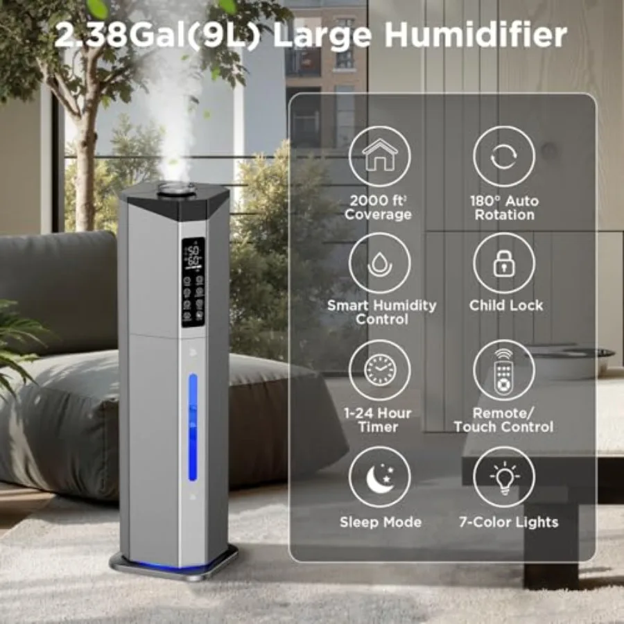 Humidifiers for Bedroom - 2.38Gal/9L Dual Atomizers Top Fill Humidifier for Large Room 2000ft with Auto Rotation 7-Color Light