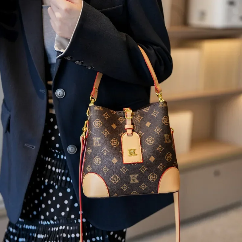 ‌ Сумка-ведро с крокодиловым тиснением 2025 НМ, сумка-мессенджер с контрастной строчкой, винтажная сумка через плечо большой вместимости «день-ночь»