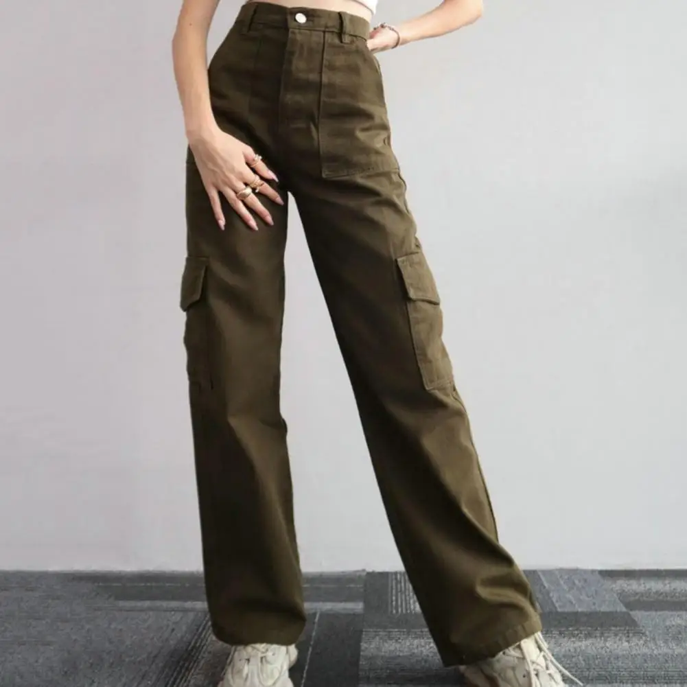 

Flattering Leg Shape Pants Stylish Women's Cargo Pants High Waist Multi Pocket Straight Leg Trousers in Solid Color for A