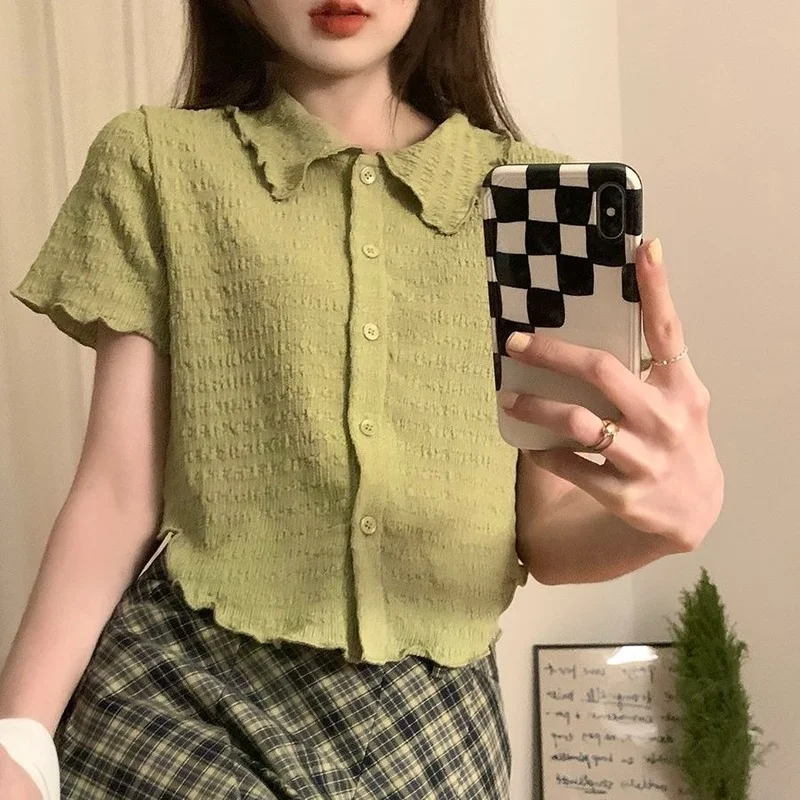 Shirts Women Cropped Folds Preppy Lovely Retro Basic All-match Ulzzang Elegant Summer Ins Chic Streewear Holiday Prevalent Mujer