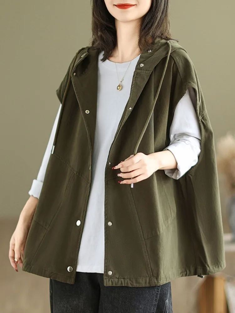 #5136 Spring Autumn Hooded Vest Waistcoat Women Loose Vintage Short Vest Coat Cotton Retro Outerwear Vest Cardigan Solid Color