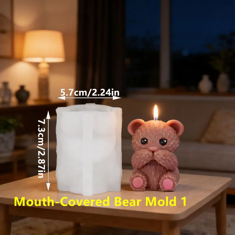 Eyes-Covered, Ears-Covered & Mouth-Covered Shape Bear Silicone Candle Mold, Cute Animal Bear, DIY Candle Gypsum Resin Mould