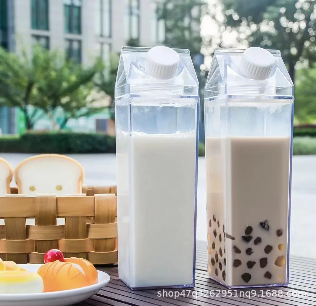 500ml/1000ml Milk Carton Water Bottle, BPA Free Plastic Portable Clear Box for Juice with Brush & Straw