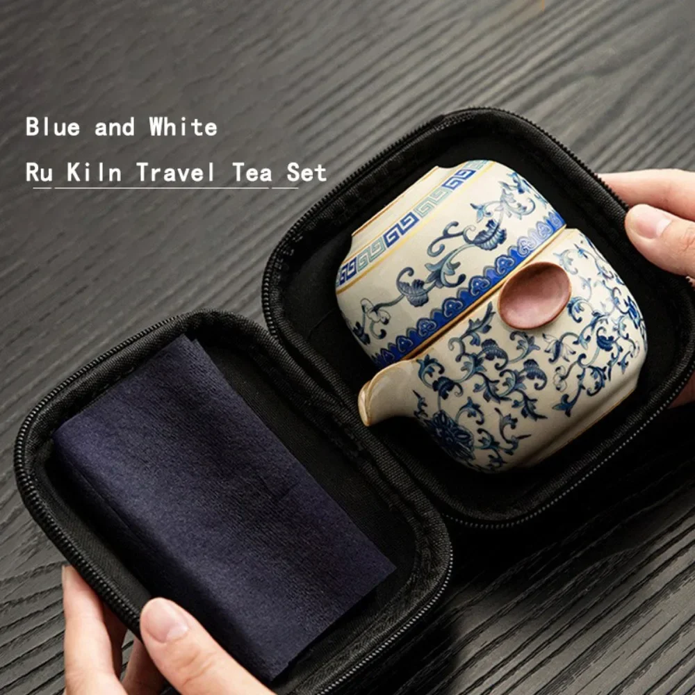 Portable Tea Set Blue and White Ru Kiln Travel Tea Set Quick Cup Kung Fu Tea Set Storage Bag Camping Outdoor Office Drink Pot