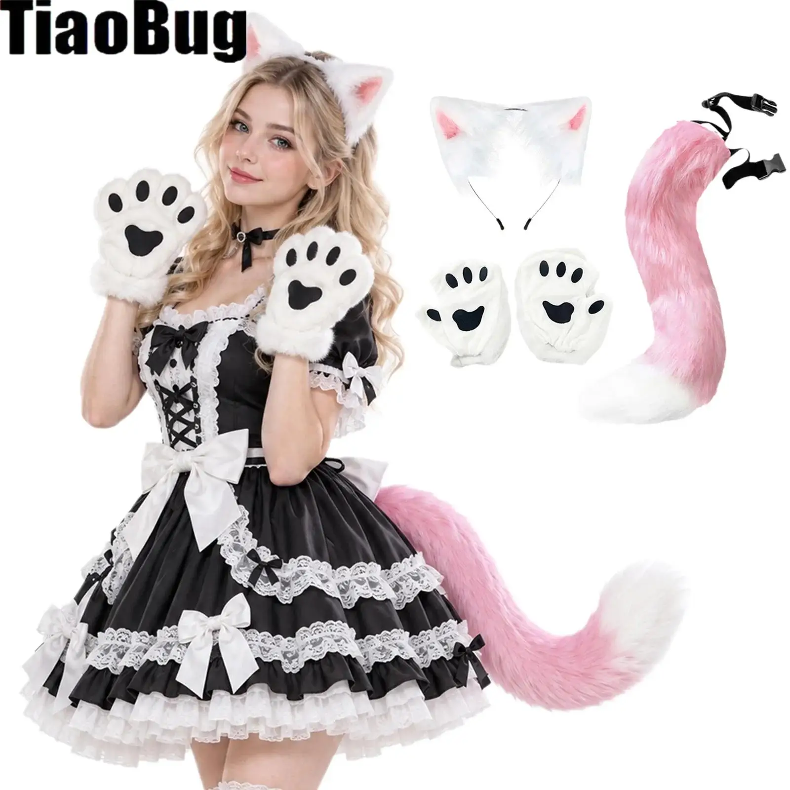 Faux Fur Cat Ears Hair Hoop with Adjustable Tail And Paw Gloves Accessories Set for Halloween Cosplay