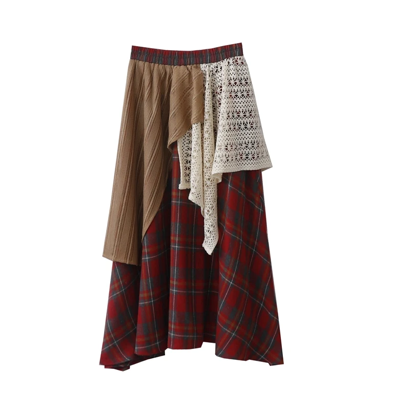Y2K Irregular Lace Skirt Spring Wasteland Style Forest Retro Plaid Patchwork Long Skirt Fashion