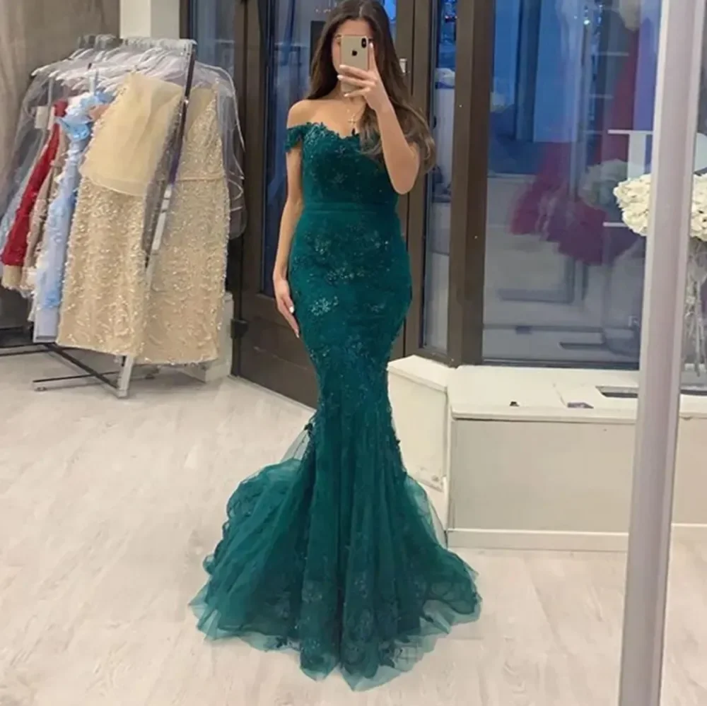 

IRIDESCENT Green Off-Shoulder Evening Dresses Formal Prom Party Gown Mermaid Floor-Length Detachable Train Beaded Applique Tulle